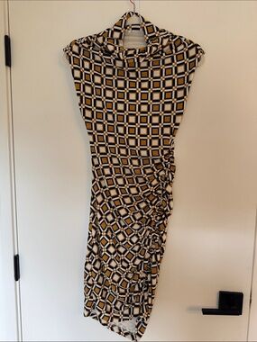Anthropologie Geometric Cowl-Neck Ruched Midi Dress - Black, White & Gold